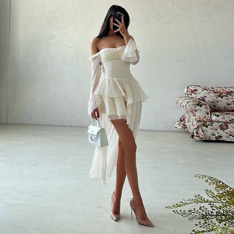 One-Shoulder Halter Midi Dress with Ruffle Detail | ULZZANG BELLA
