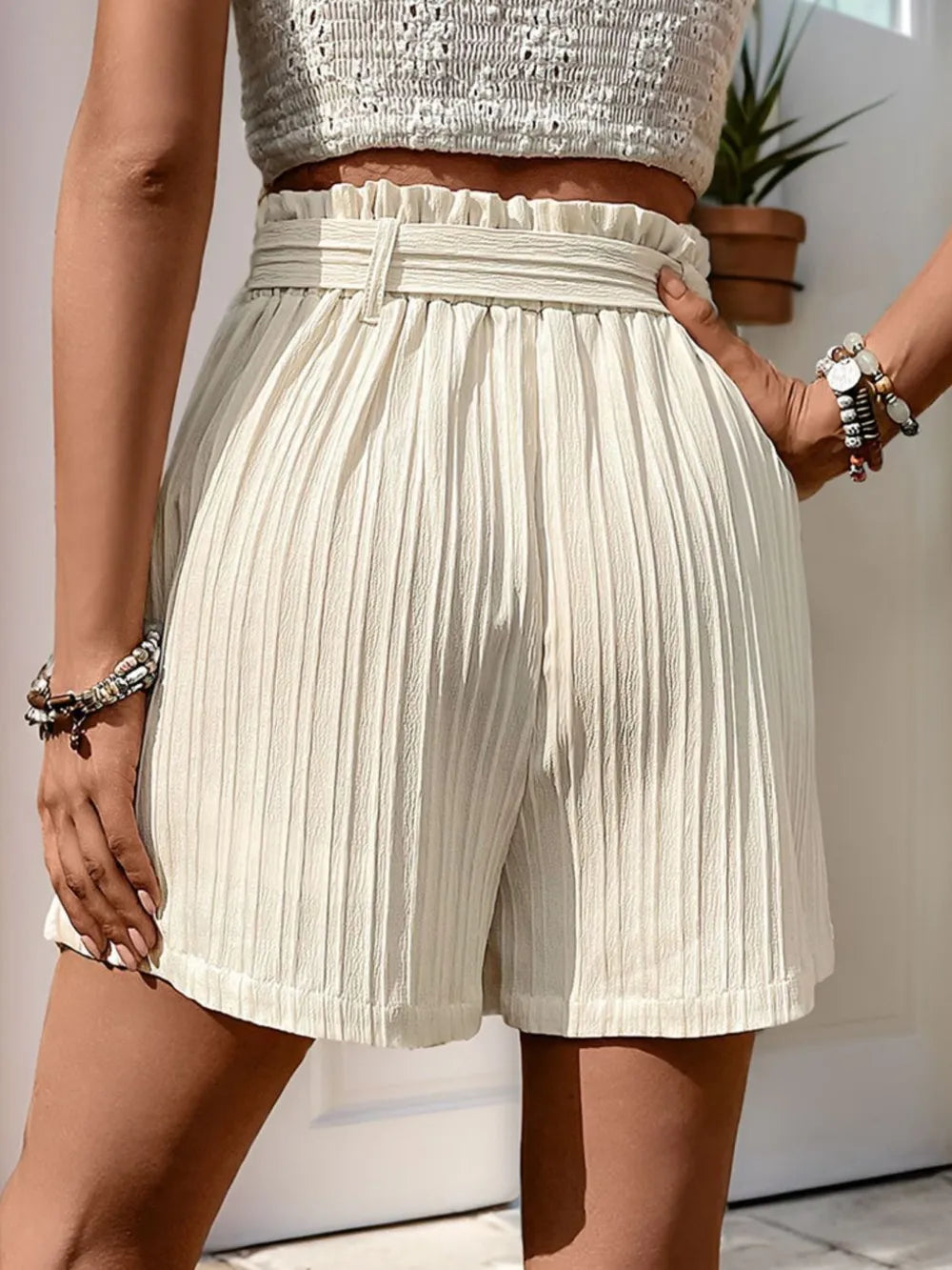 Chic Beige Textured High Waist Shorts with Pockets | ULZZANG BELLA
