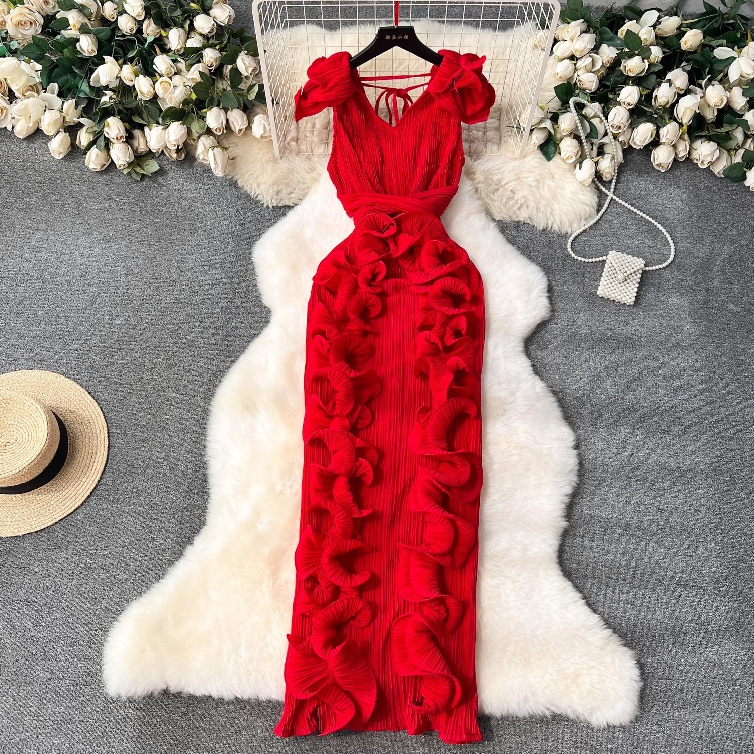 Elegant Ruffled Edge Long Dress with Pleated Detail | ULZZANG BELLA