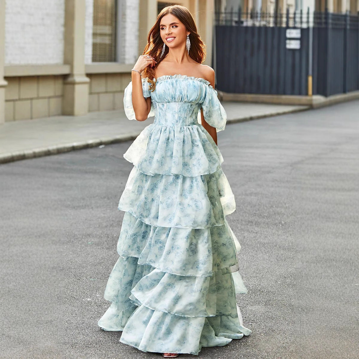 Enchanted Floral Tie-Waist Dress with Bubble Sleeves | ULZZANG BELLA