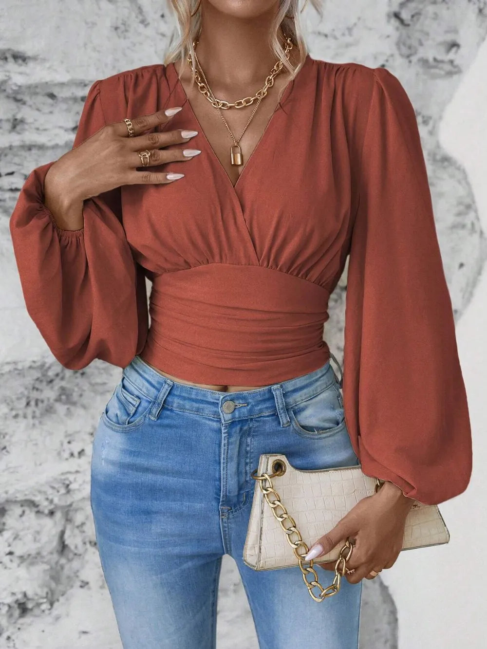 Elegantly Ruched Sheer Smocked Surplice Top with Balloon Sleeves | ULZZANG BELLA