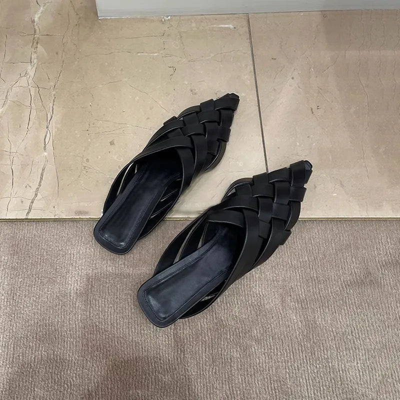 Chic Black Pointed Toe Microfiber Leather Mules | ULZZANG BELLA