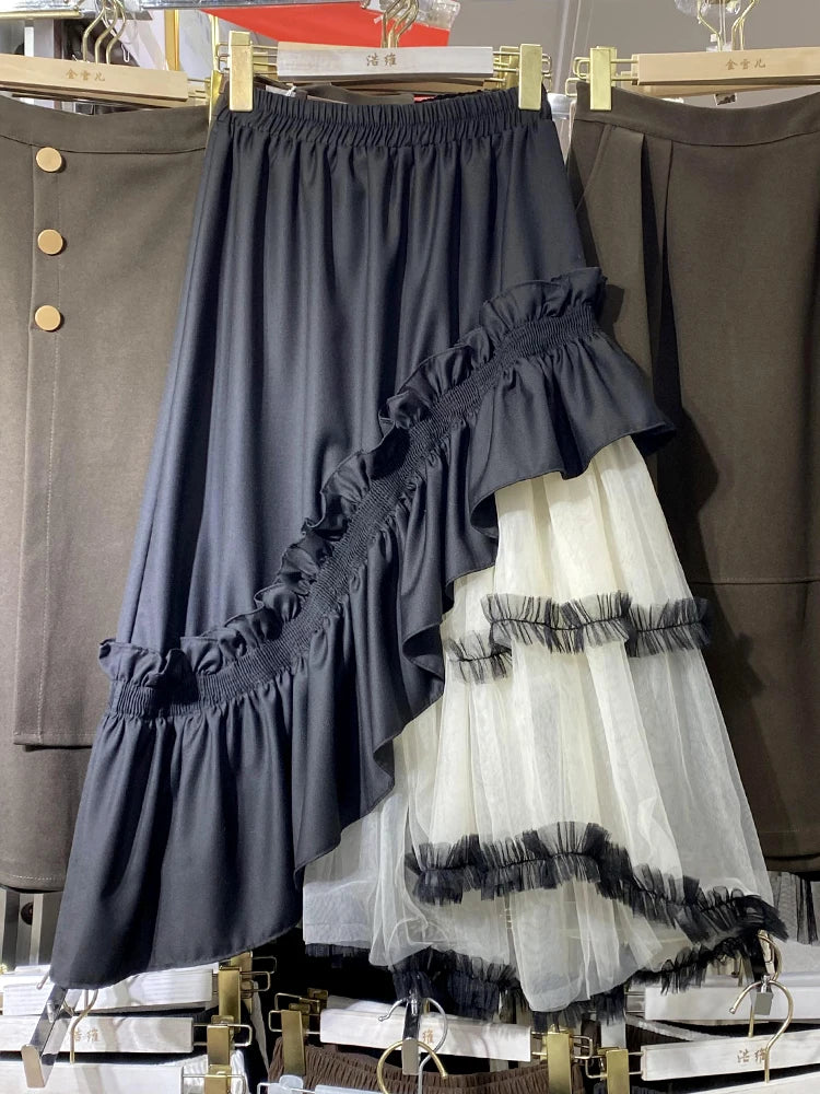 Irregular Mesh Splicing Pompadour Skirt for Autumn Elegance | ULZZANG BELLA