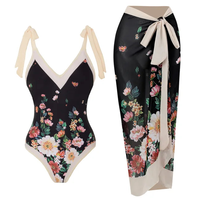 Vintage Print Deep V One-Piece Swimsuit with Chiffon Kimono Cover-Up | ULZZANG BELLA