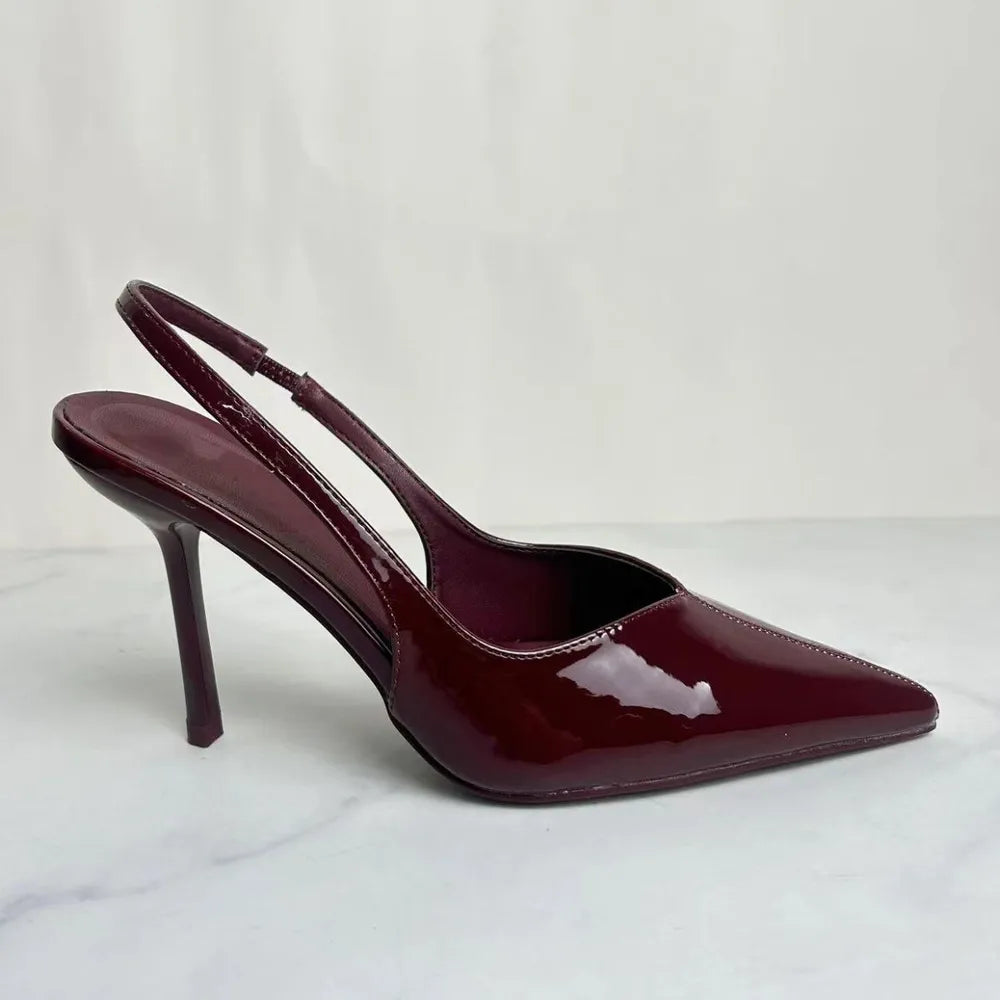 Luxe Slingback Point Toe Stiletto Pumps in Lacquer Leather | ULZZANG BELLA