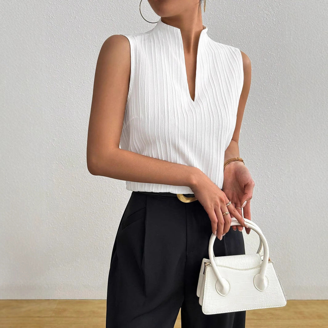 Elegante top senza maniche aderente con scollo a V in bianco | ULZZANG BELLA