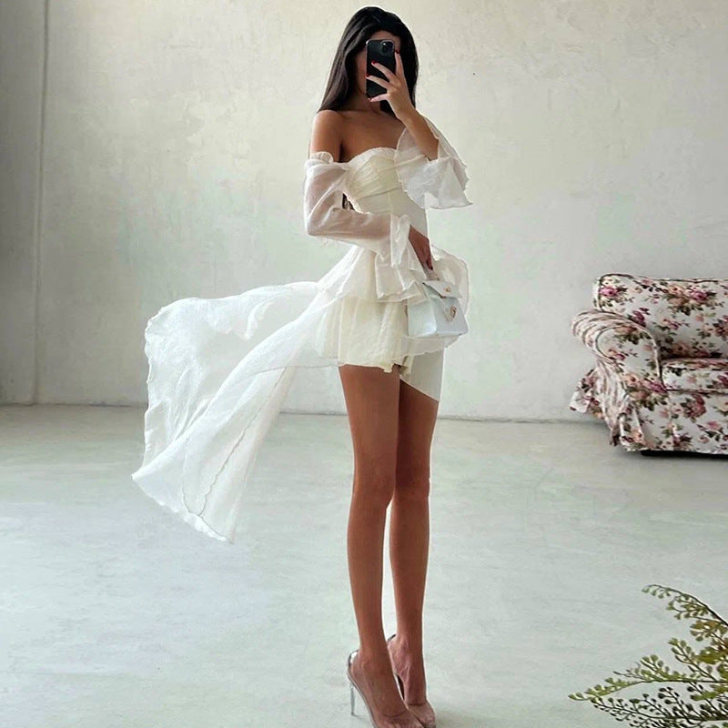 One-Shoulder Halter Midi Dress with Ruffle Detail | ULZZANG BELLA