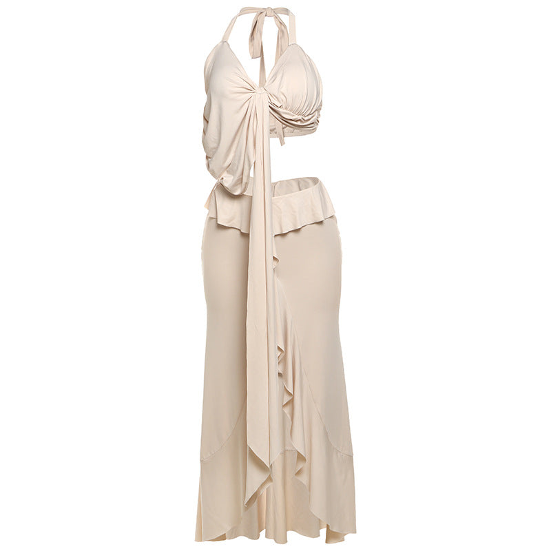 Chic Khaki Halter Tie-Back Crop Top & Slim Skirt Set | ULZZANG BELLA