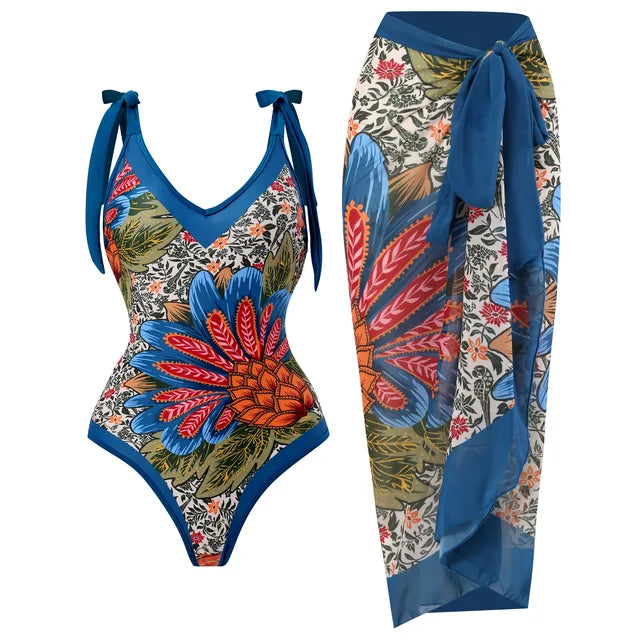 Vintage Print Deep V One-Piece Swimsuit with Chiffon Kimono Cover-Up | ULZZANG BELLA