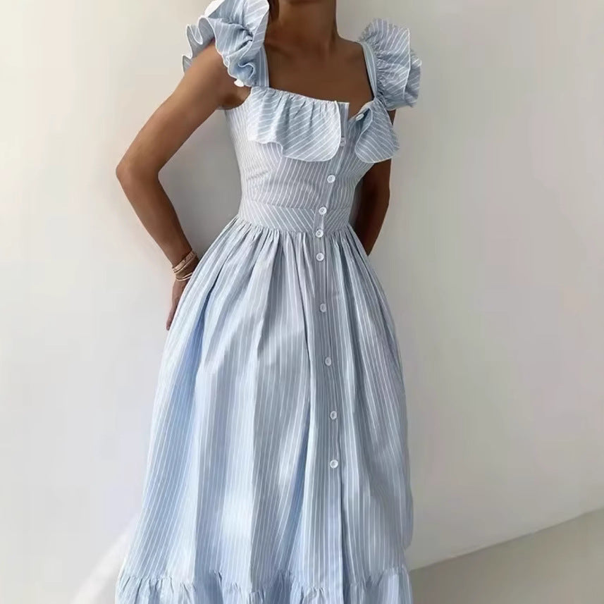 Elegant Striped Ruffle Waist Dress for the Refined Woman | ULZZANG BELLA