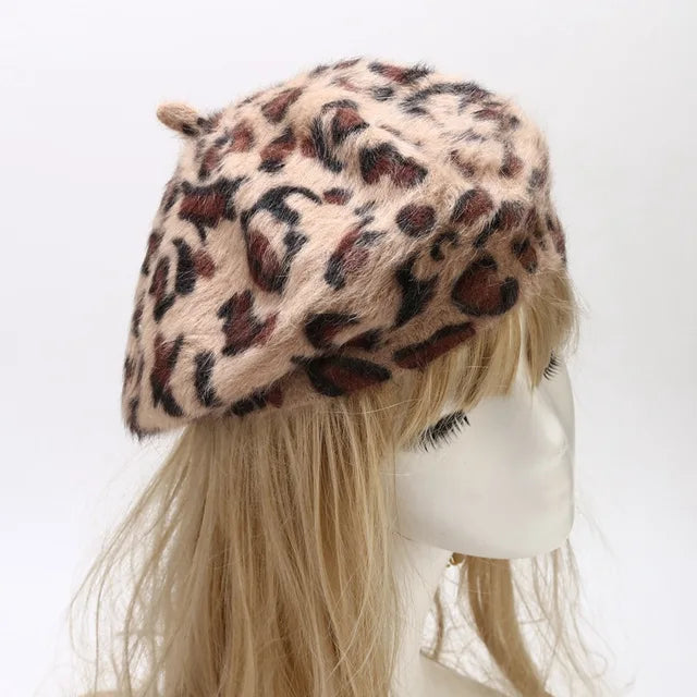 Luxurious Leopard Print Rabbit Fur Buckle Beret Hat for Women | ULZZANG BELLA