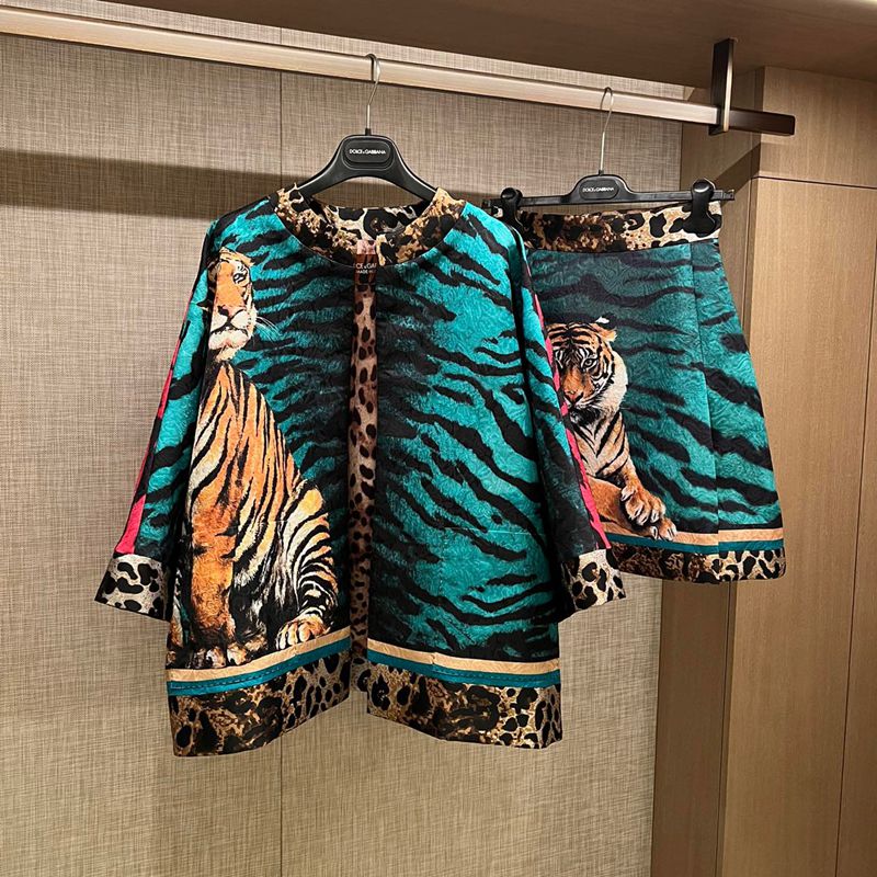 Leopard Jacquard Tiger Suit Jacket with Slim High Waist A-Line Skirt | ULZZANG BELLA