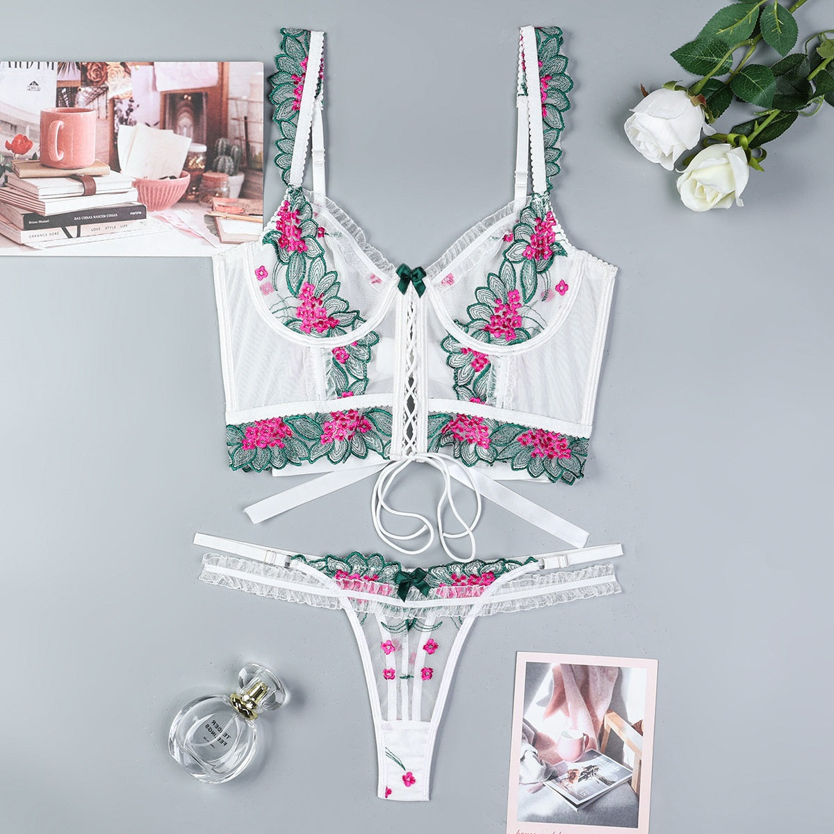 Embroidered Floral Elegance 2-Piece Lingerie Set | ULZZANG BELLA