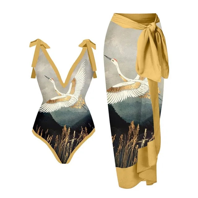 Vintage Print Deep V One-Piece Swimsuit with Chiffon Kimono Cover-Up | ULZZANG BELLA