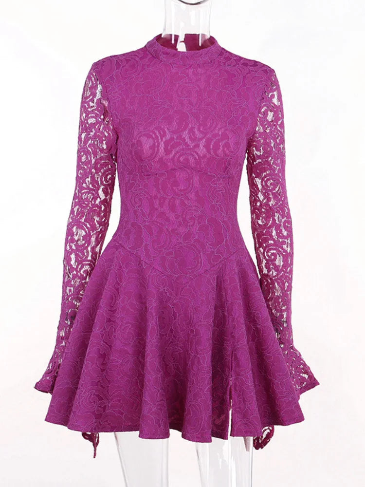 Elegant Purple Lace A-Line Backless Dress for Women | ULZZANG BELLA