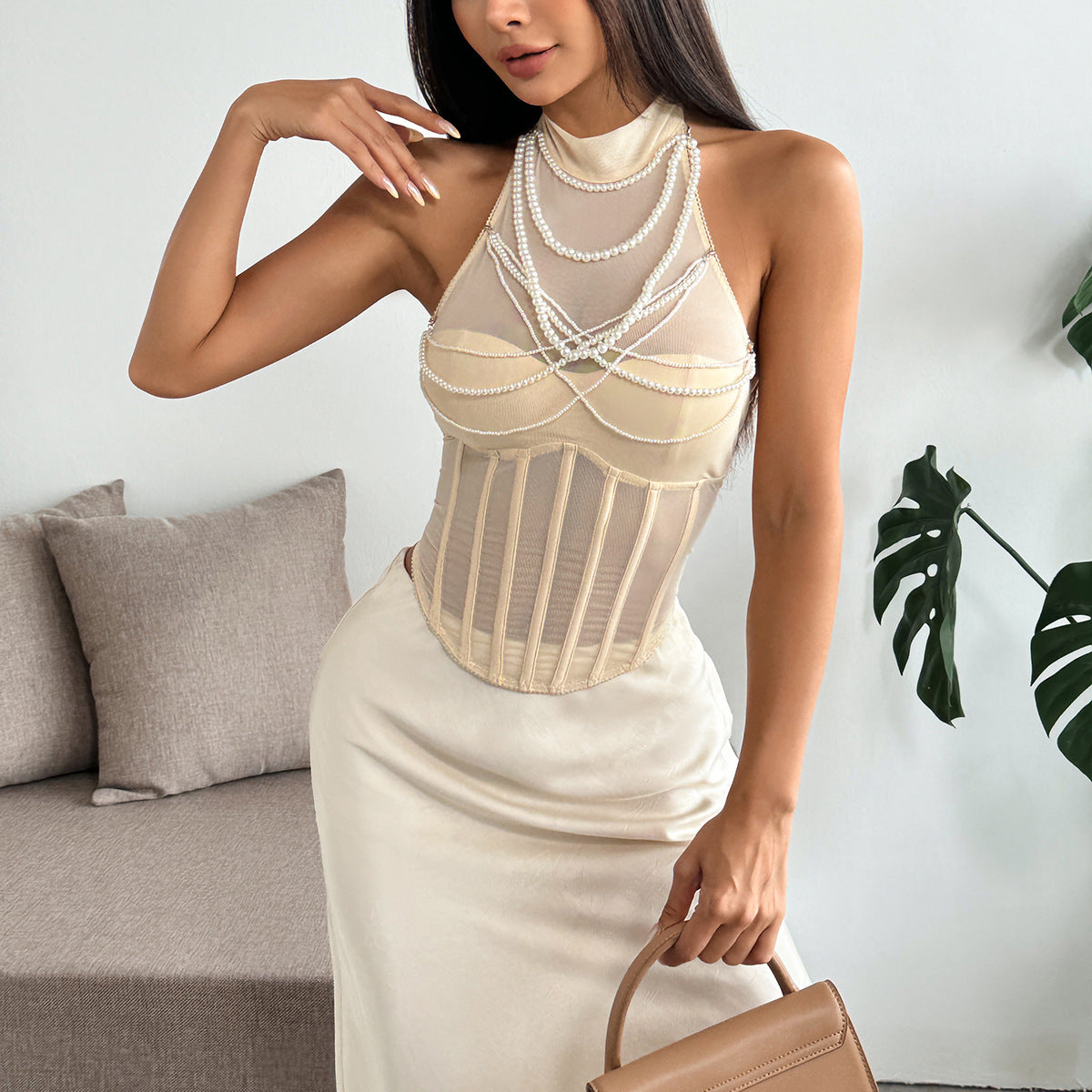 Elegant Pearl Pendant Halter Top in Transparent Mesh | ULZZANG BELLA