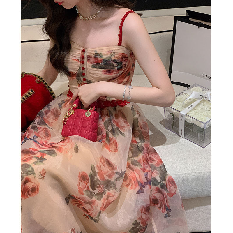 Robe midi trapèze à fleurs élégantes pour femme raffinée | ULZZANG BELLA