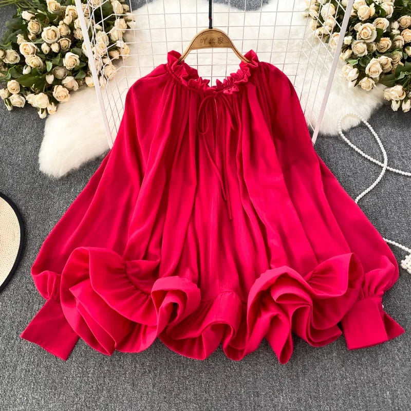 Chic Spring Autumn Ruffled Chiffon Blouse with O-neck | ULZZANG BELLA