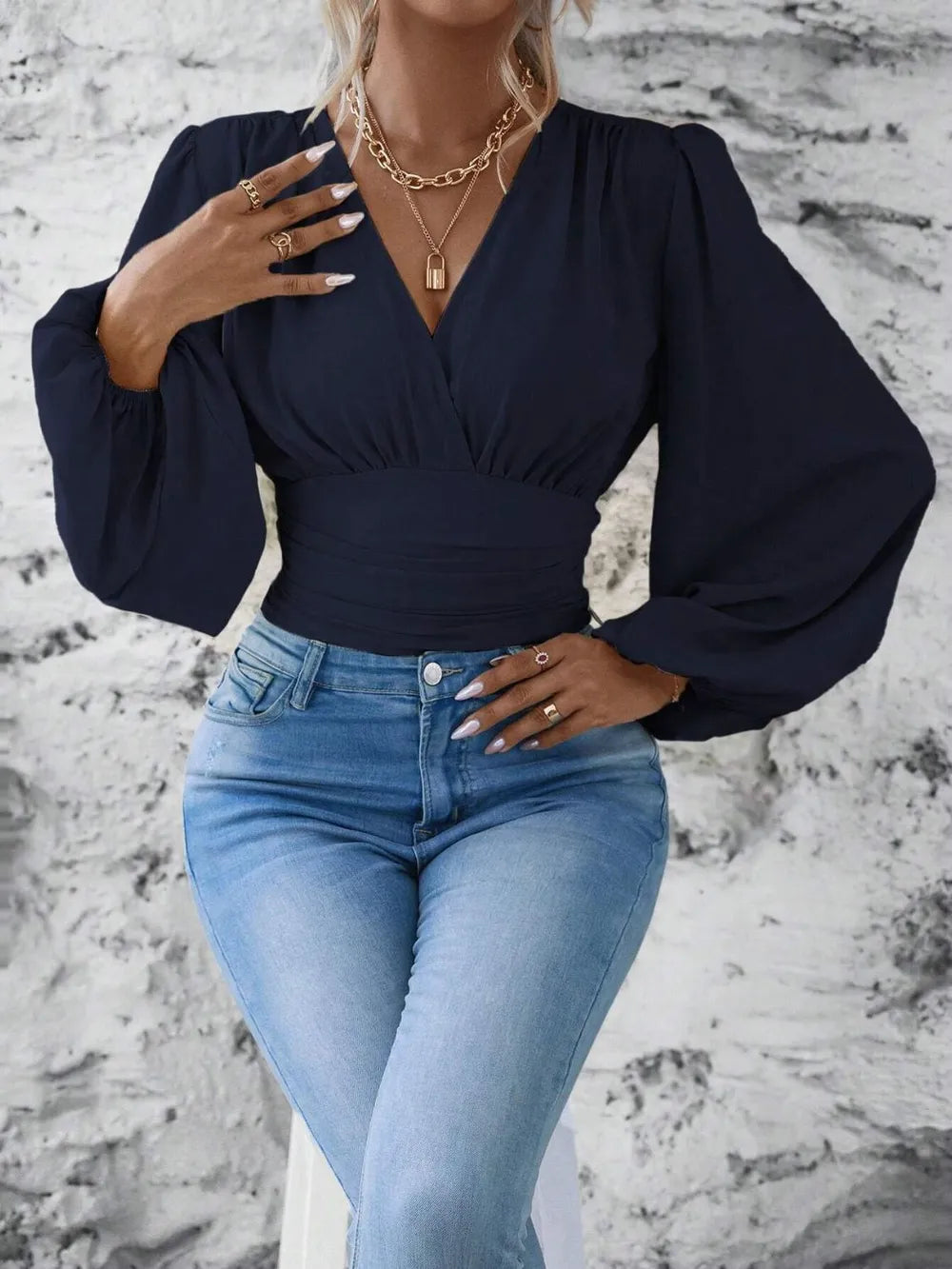 Elegantly Ruched Sheer Smocked Surplice Top with Balloon Sleeves | ULZZANG BELLA