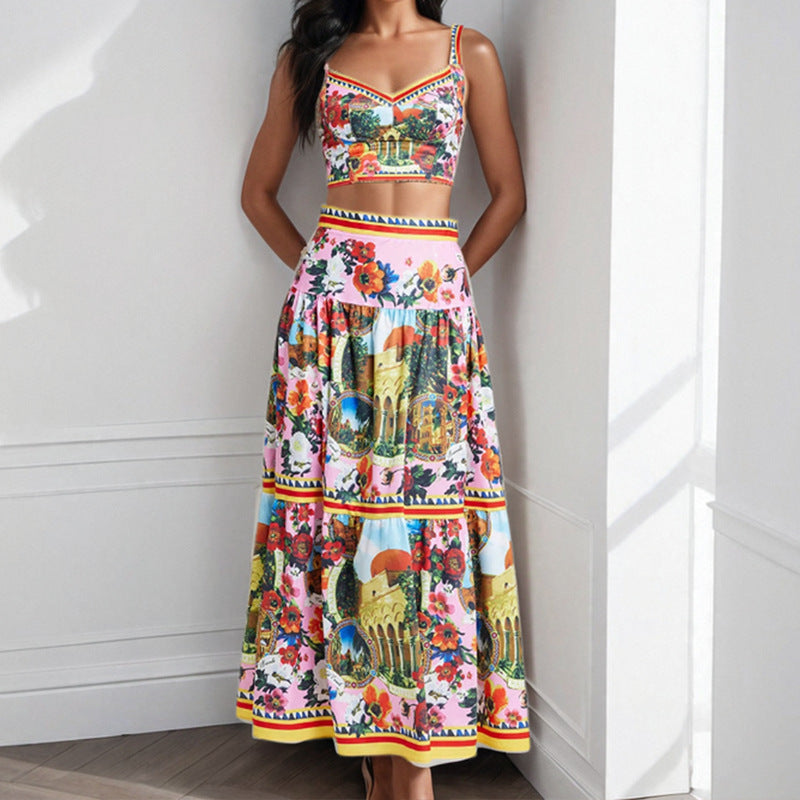 Elegant Floral Splicing Strapless Camisole Skirt Set | ULZZANG BELLA