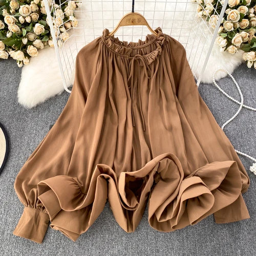 Chic Spring Autumn Ruffled Chiffon Blouse with O-neck | ULZZANG BELLA