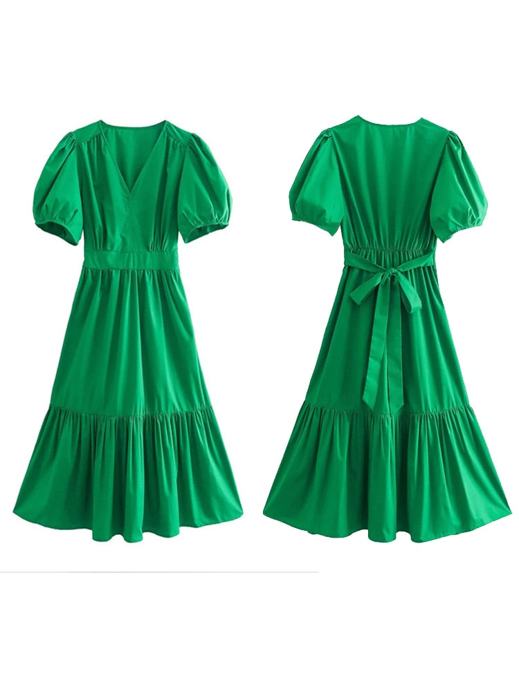 Elegant Deep V Puff Sleeve Midi A-Line Dress | ULZZANG BELLA