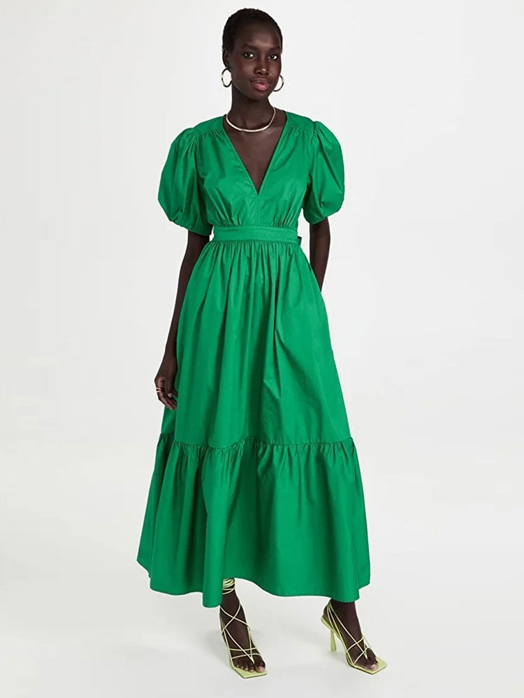Elegante abito midi a trapezio con maniche a sbuffo e scollo a V profondo | ULZZANG BELLA