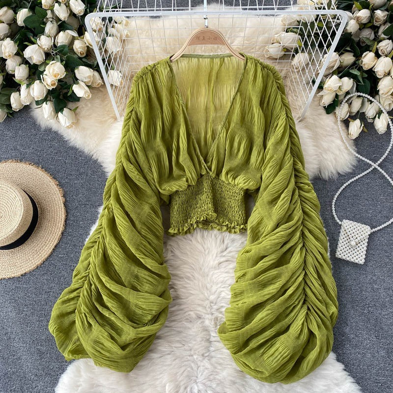 Chic Pleated Bubble Sleeve Chiffon Shirt | ULZZANG BELLA