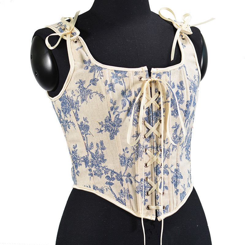 Vintage Orchid Print French Lace-Up Corset Vest for Elegant Shaping | ULZZANG BELLA