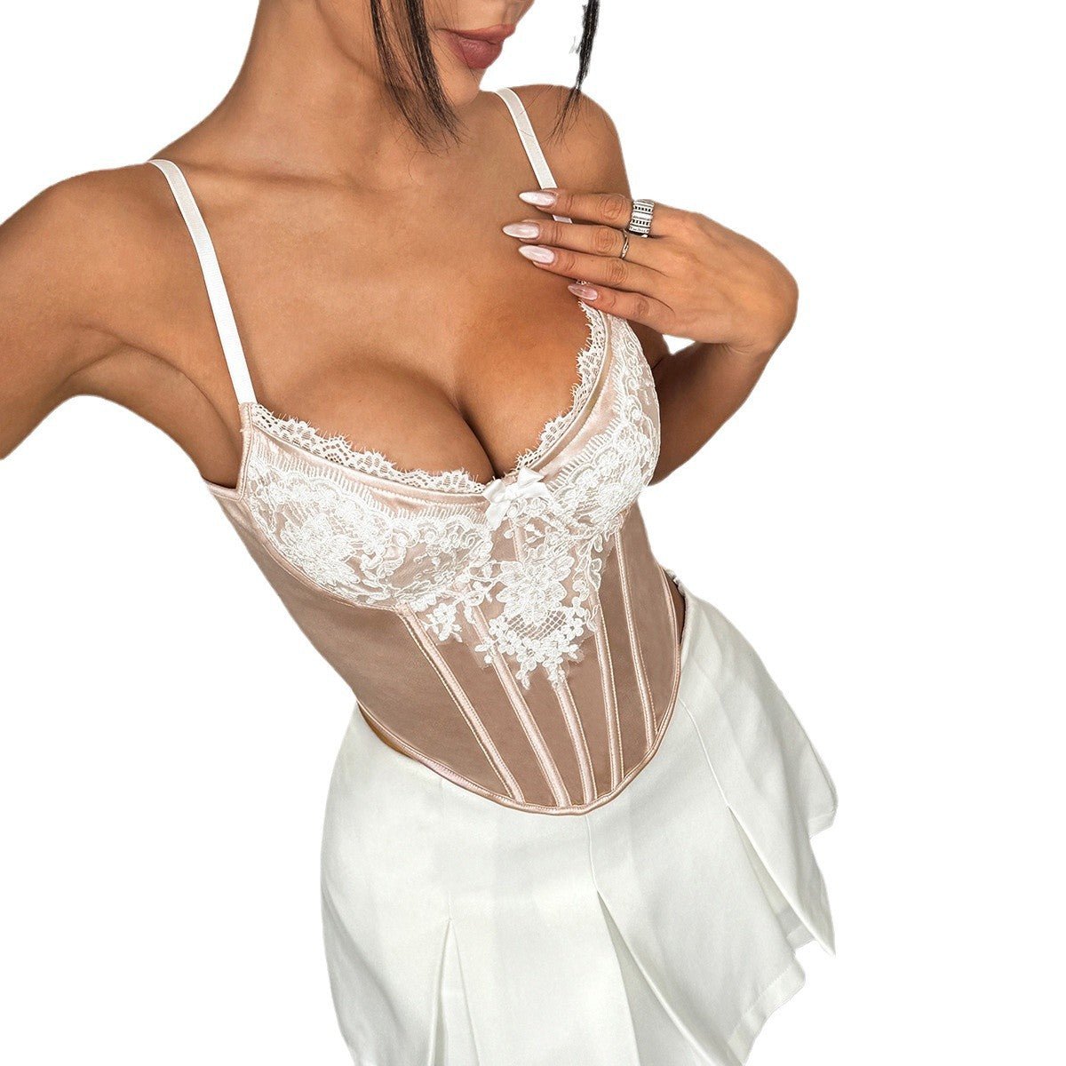 Floral Lace Embroidered Satin Boned Vest in Apricot | ULZZANG BELLA