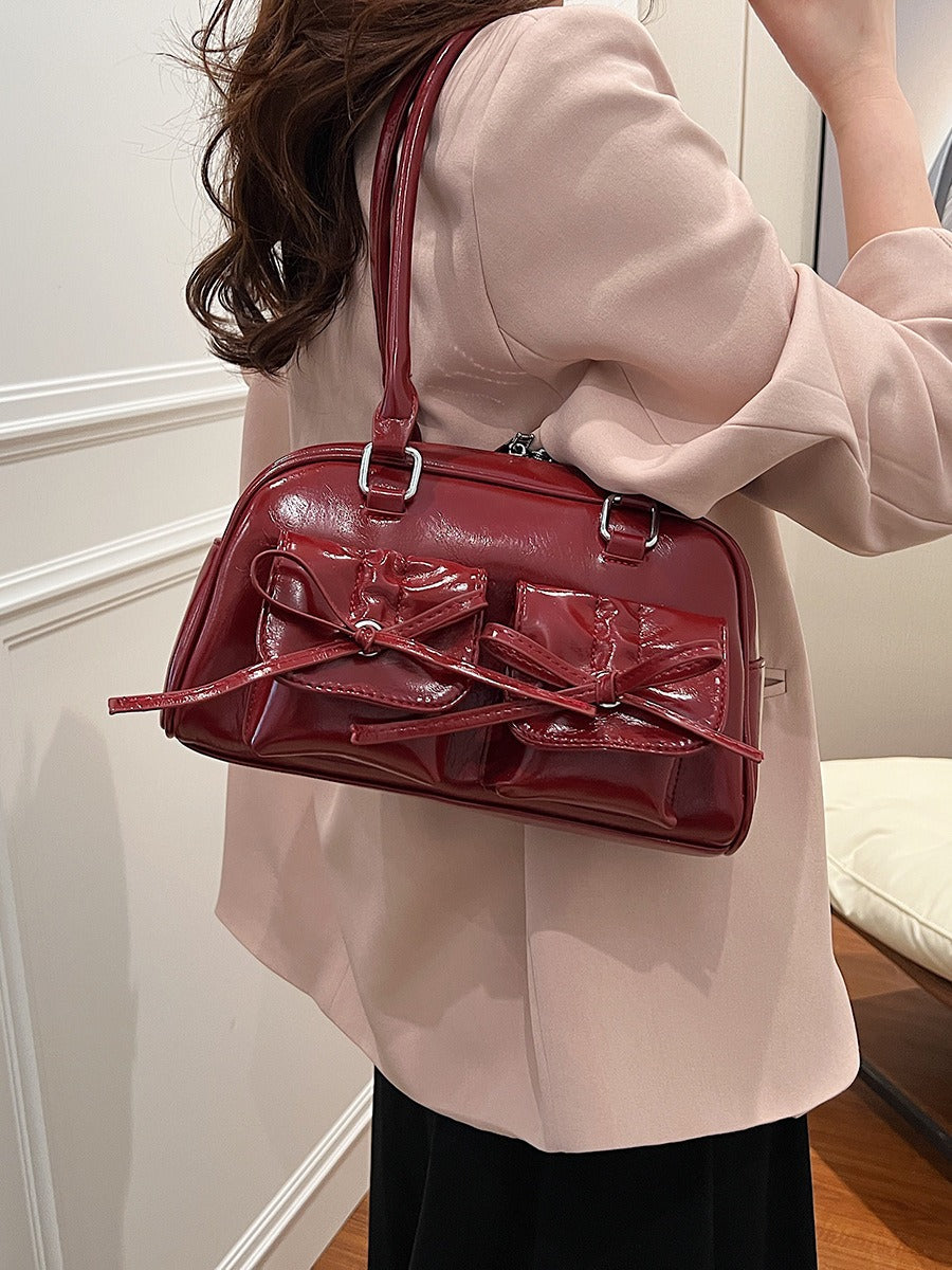 Elegant Baguette Shoulder Bag with Bow Accent | ULZZANG BELLA