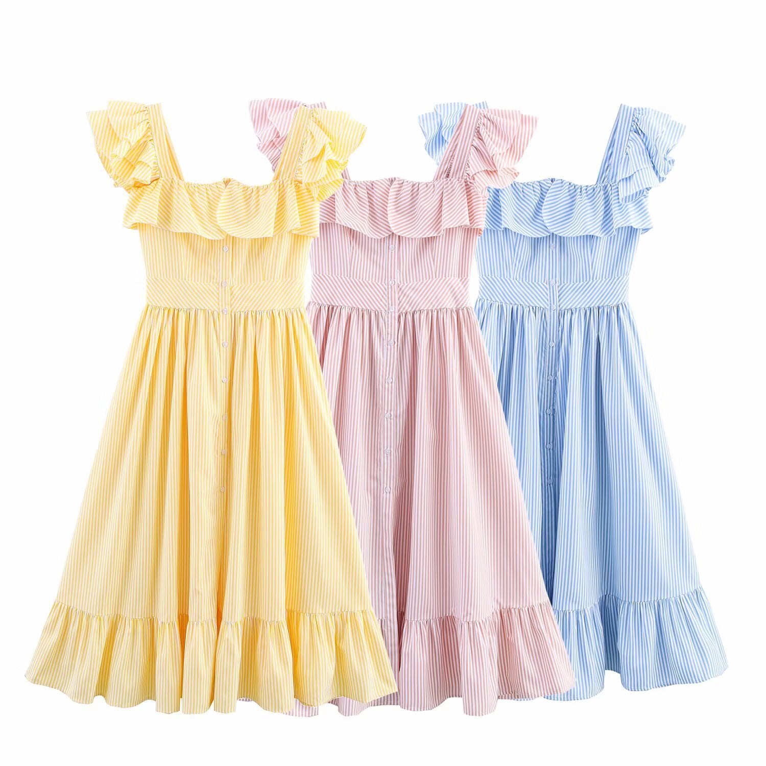 Elegant Striped Ruffle Waist Dress for the Refined Woman | ULZZANG BELLA