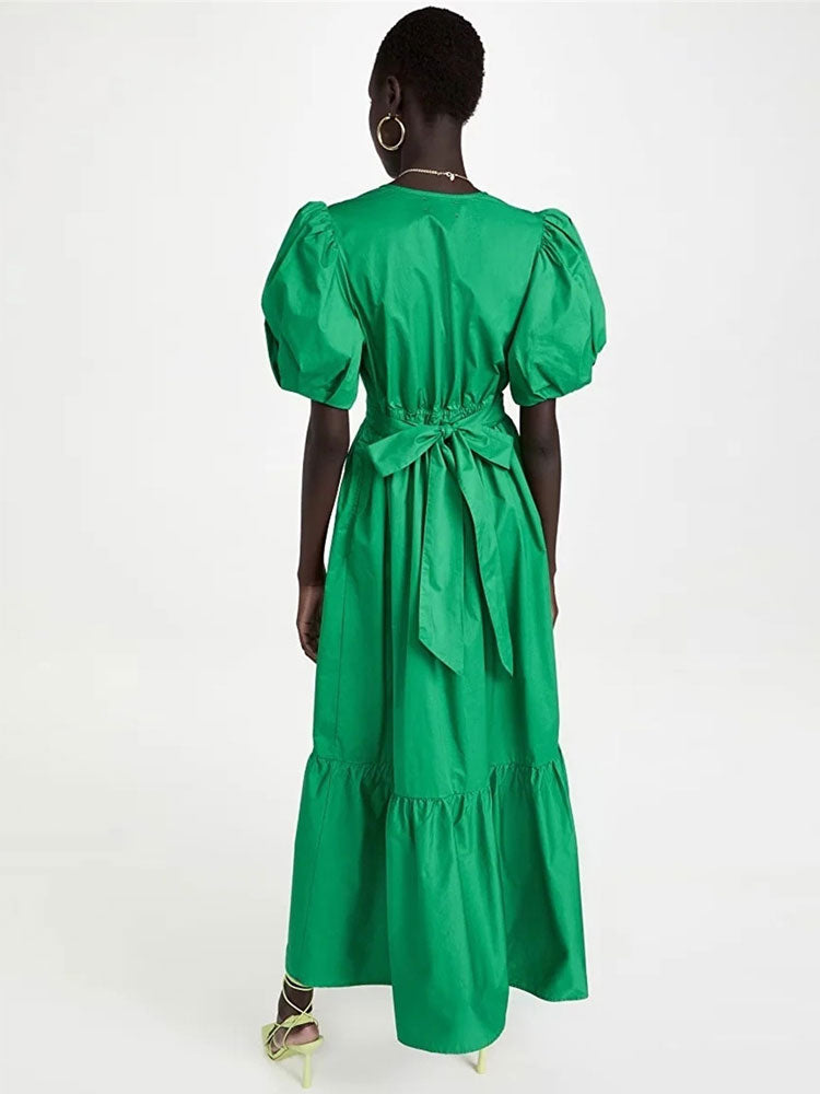 Elegant Deep V Puff Sleeve Midi A-Line Dress | ULZZANG BELLA
