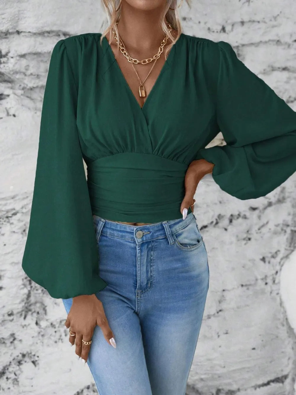Elegantly Ruched Sheer Smocked Surplice Top with Balloon Sleeves | ULZZANG BELLA