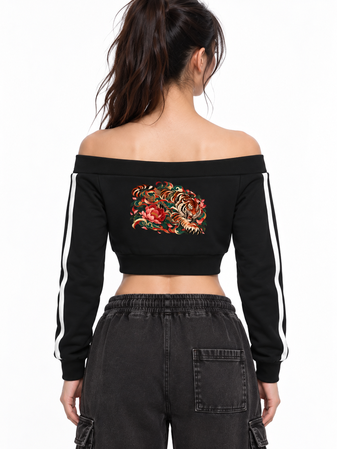 Korean Tiger Off-Shoulder Cropped Zip Hoodie | ULZZANG BELLA
