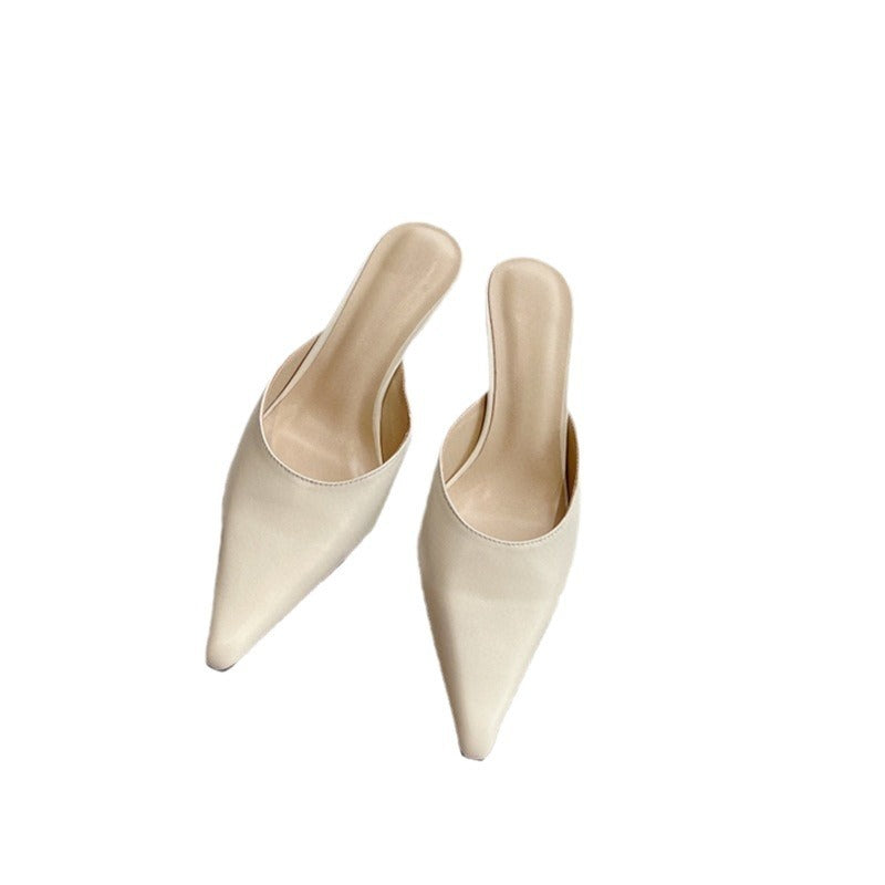 Elegant Pointed Toe Leather Mid-Heel Mules in Classic Shades | ULZZANG BELLA
