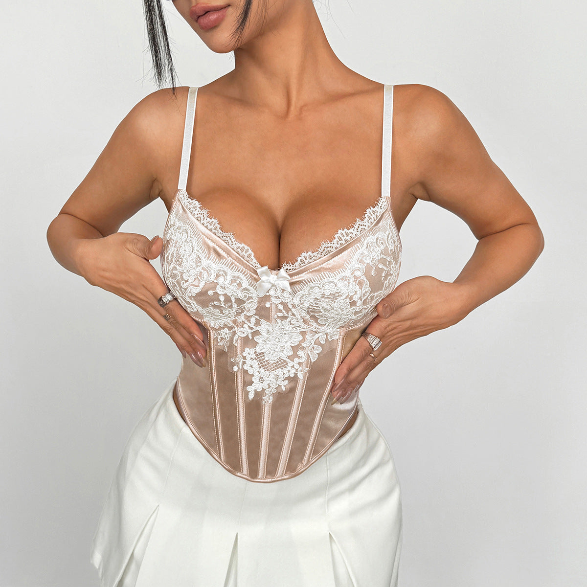 Floral Lace Embroidered Satin Boned Vest in Apricot | ULZZANG BELLA