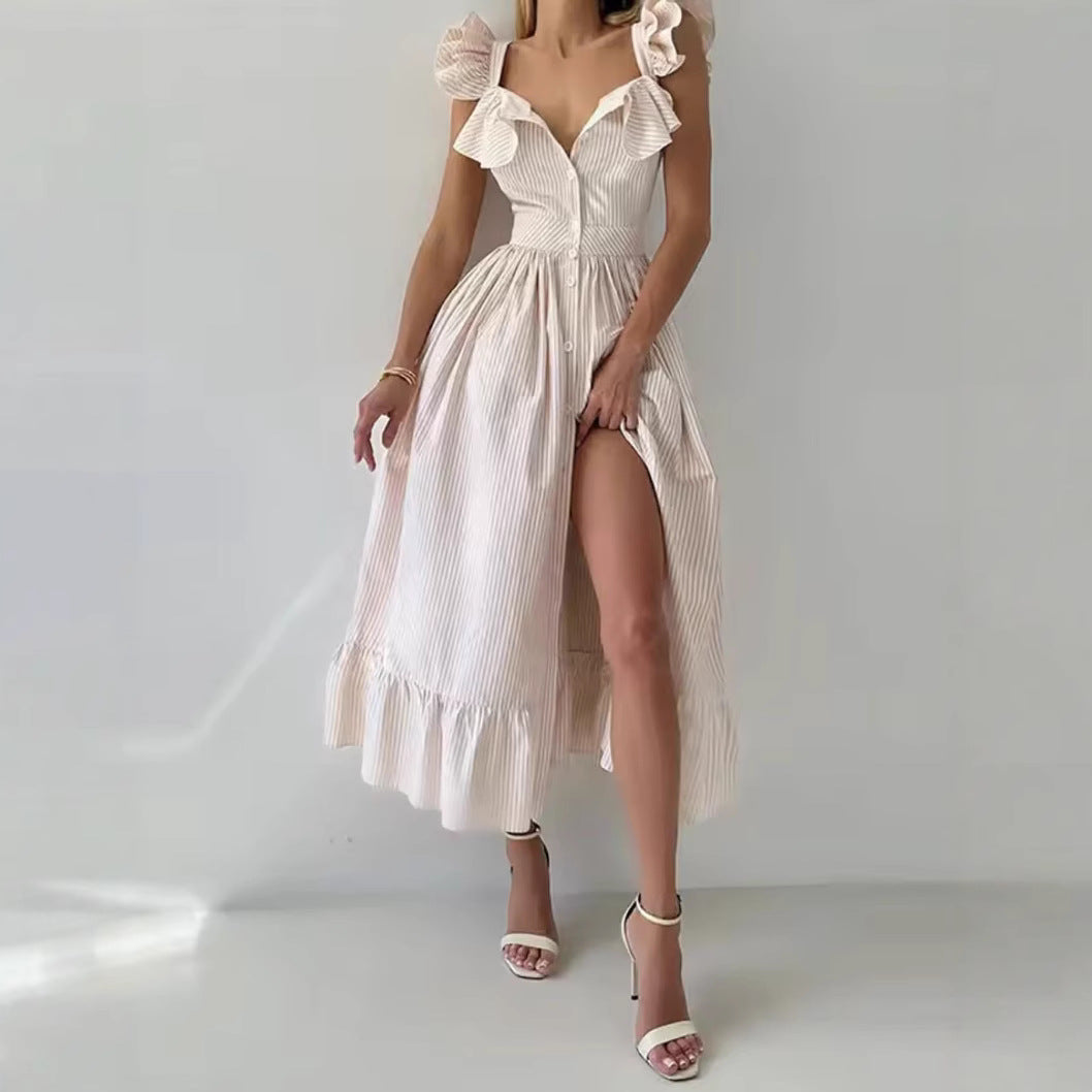 Elegant Striped Ruffle Waist Dress for the Refined Woman | ULZZANG BELLA