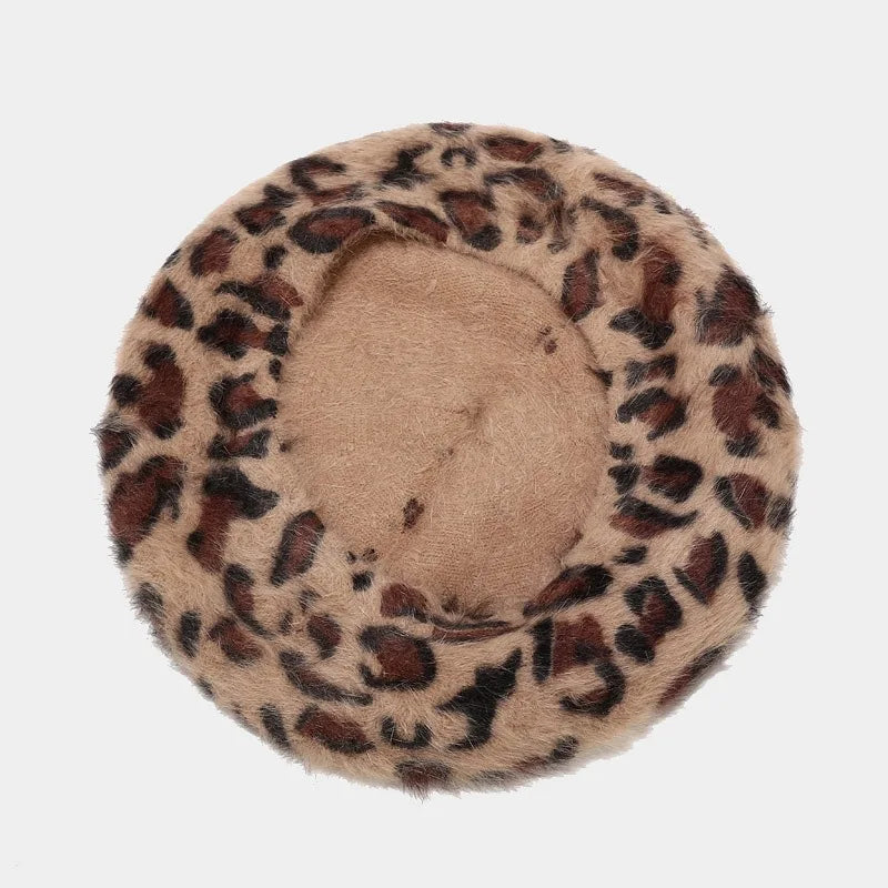Luxurious Leopard Print Rabbit Fur Buckle Beret Hat for Women | ULZZANG BELLA