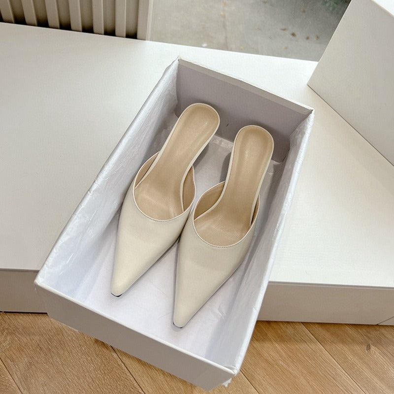 Elegant Pointed Toe Leather Mid-Heel Mules in Classic Shades | ULZZANG BELLA