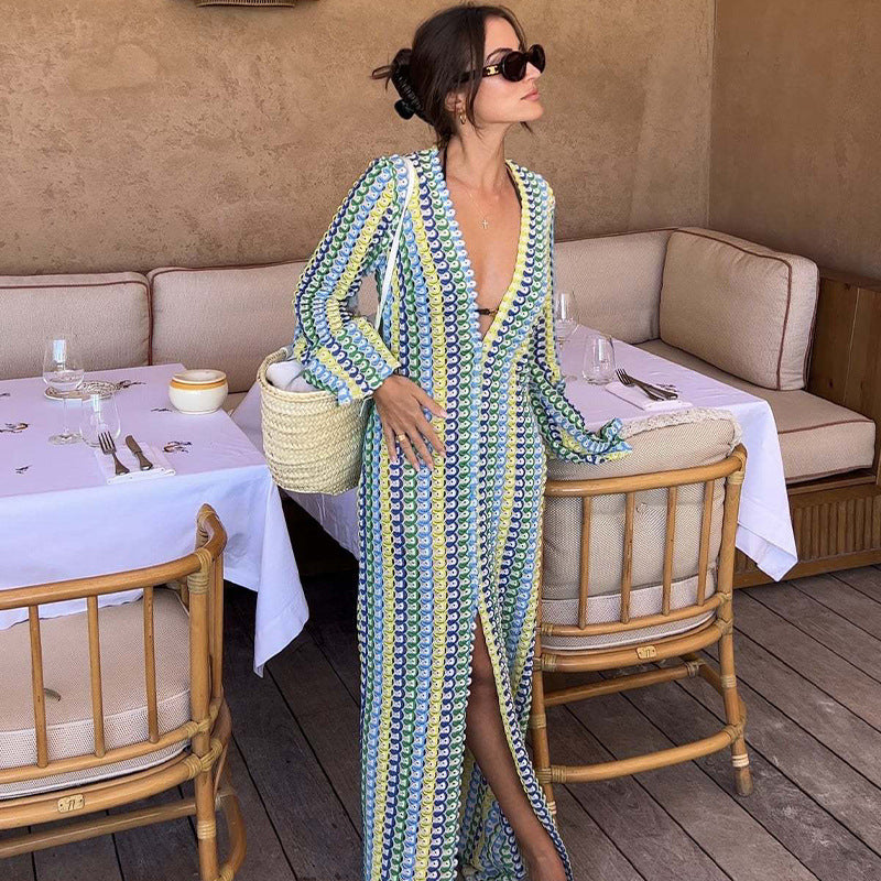 Robe de plage luxueuse en dentelle ajourée avec col en V et fente | ULZZANG BELLA