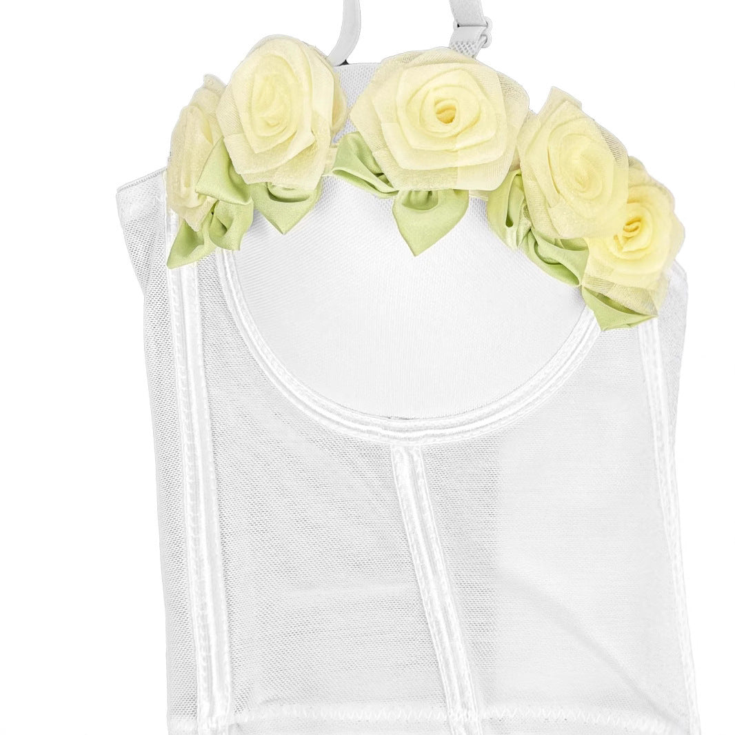 Elegant Floral Mesh Gathered Bustier Top | ULZZANG BELLA