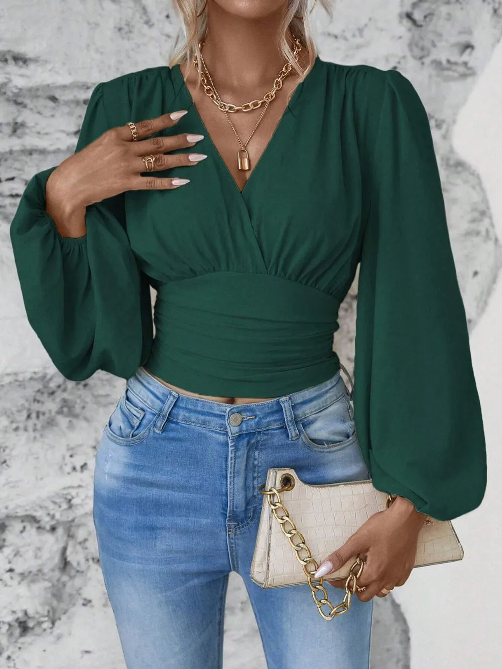 Elegantly Ruched Sheer Smocked Surplice Top with Balloon Sleeves | ULZZANG BELLA