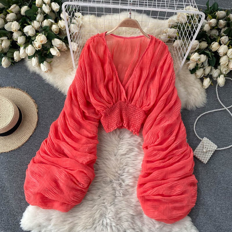 Chic Pleated Bubble Sleeve Chiffon Shirt – A Luxe Addition to Your Wardrobe | ULZZANG BELLA