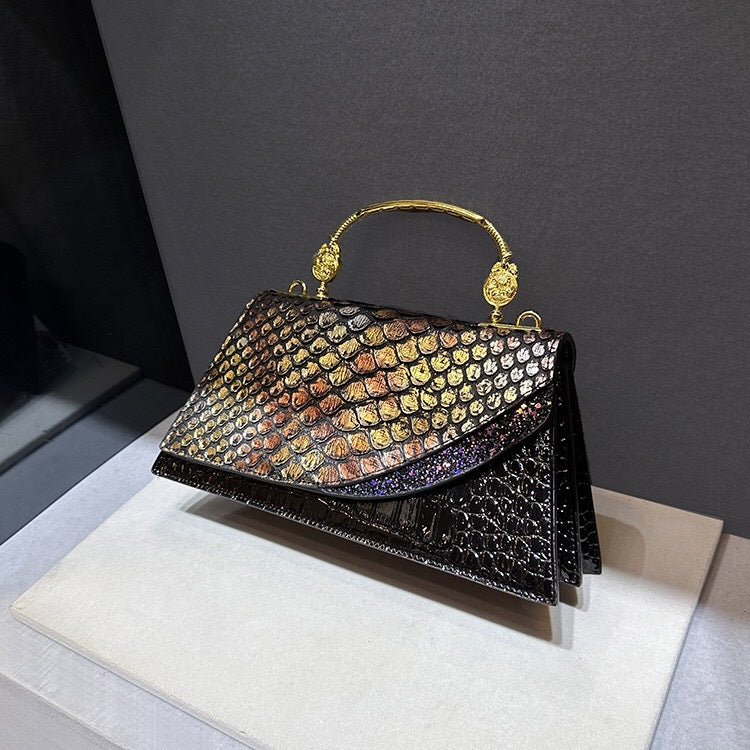 Elegante borsa a tracolla trapezoidale in pelle di serpente nera | ULZZANG BELLA