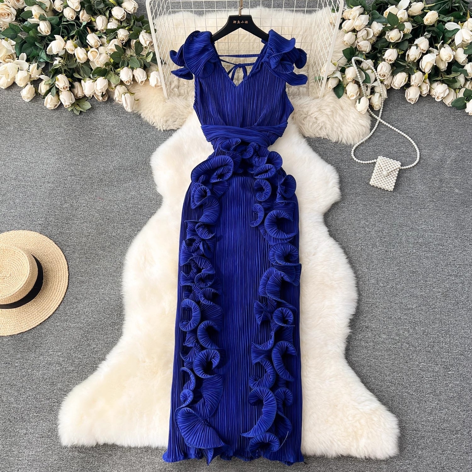 Elegant Ruffled Edge Long Dress with Pleated Detail | ULZZANG BELLA