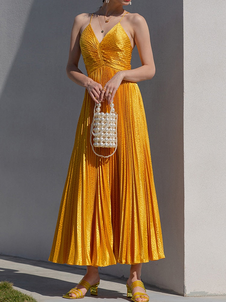 Elegante gonna a pieghe con bretelle alla francese per le feste estive | ULZZANG BELLA