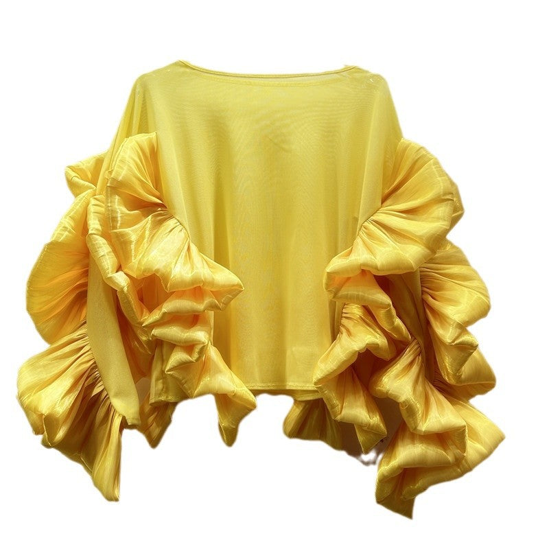 Ruffled Long Sleeve Mesh Top with Irregular Hem | ULZZANG BELLA