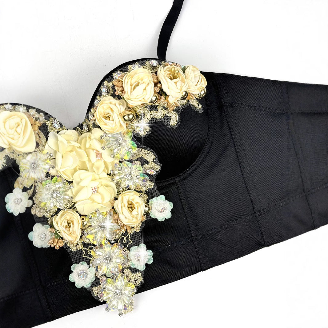 Chic Rhinestone Floral Corset Top with Detachable Straps | ULZZANG BELLA