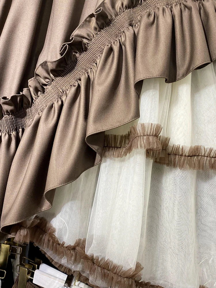 Irregular Mesh Splicing Pompadour Skirt for Autumn Elegance | ULZZANG BELLA